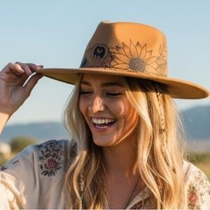 Handmade Wood Burned Wildflower Western Hat | Boho Artisan Felt Hat New